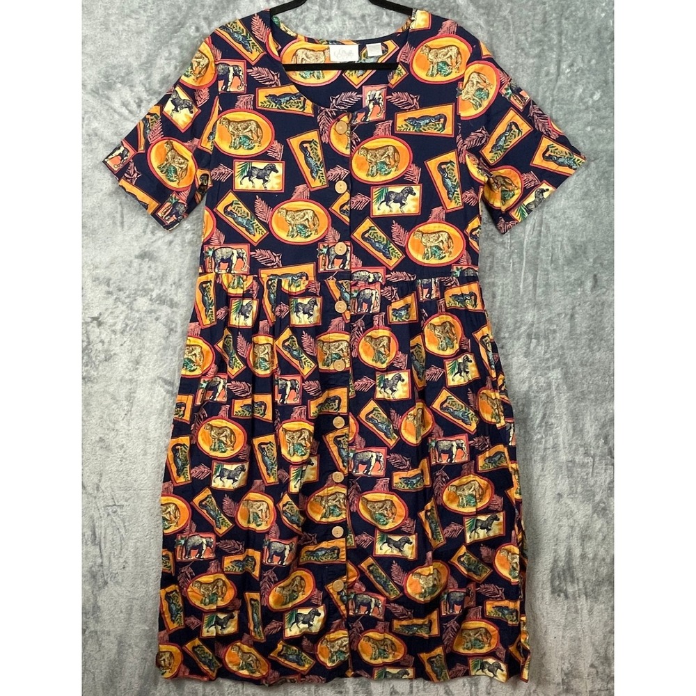 Go Softly Dress Womens Medium‎ Animal Leopard Allover Print Wood Buttons Pockets